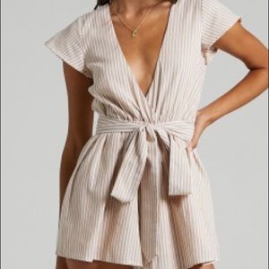 Showpo TOP IT OFF PLAYSUIT IN BEIGE STRIPE